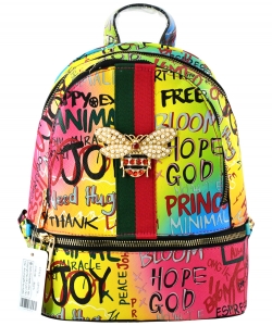 Graffiti Queen Bee Stripe Monogram Backpack GP757B BLUE